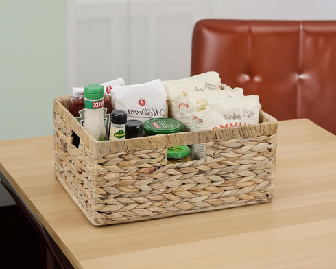 Large Wicker Basket, Water Hyacinth Wicker Storage Basket for Organizing, Rectangular Basket with Handles