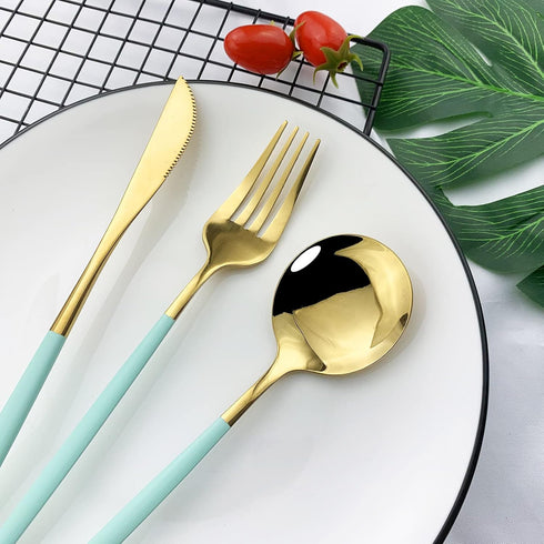 JASHII Flatware Serving Set 24 Piece, Stainless Steel Silverware Set, Mint Green Gold Cutlery for Modern Elegant