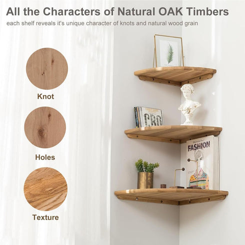Corner Shelf, Solid Oak Wood Floating Corner Shelf Wall Mount Round End Floating Speaker Shelves with Wire Hole