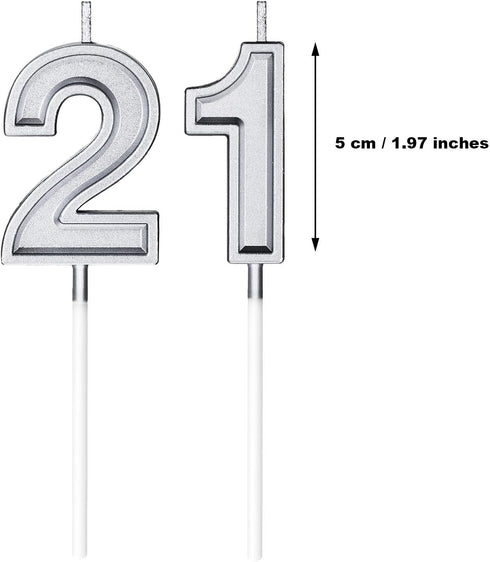 21st Birthday Cake Candles - Happy Birthday Numeral Topper Decoration for Wedding Anniversary Celebration (Silver)