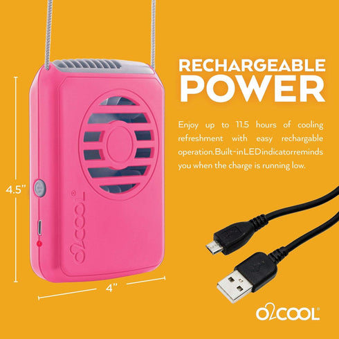 O2COOL Personal Travel Rechargeable Battery Powered Neck Cooling Fan, Single Pack (Pink)