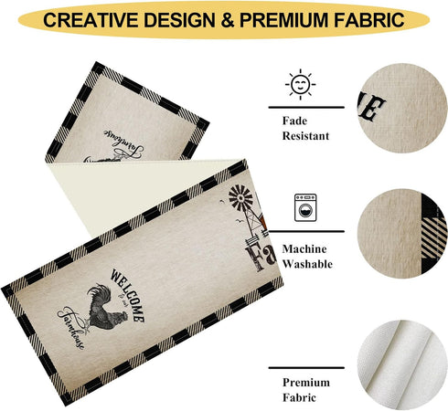 Drapeloft 13"x108" Inch Farm Animals Table Runner, Rustic Farmhouse Cow Pig Rooster Watercolor Coffee Table Center