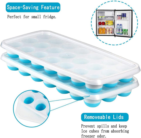 Ice Cube Trays with Easy Release - Odor Free, Spill Resistant Lid, 2 Pack, Stackable 42 Cubes, Silicone (Blue)