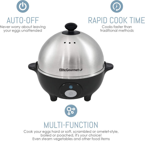 Elite Gourmet EGC-508 Rapid Egg Cooker - 7 Easy-To-Peel Hard, Medium, Soft Boiled Eggs, Poacher, Omelet Maker, Auto