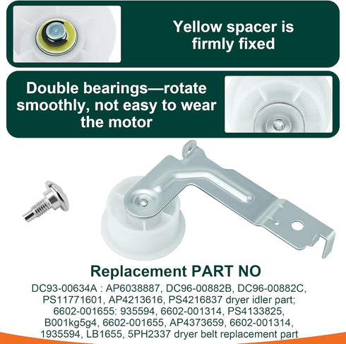 DC93-00634A Dryer Idler Pulley Assembly & 6602-001655 Drum Tensioner Belt, Fit for PS4133825 by Appliancemate