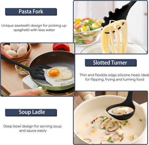 TeamFar Silicone Cooking Utensil Set of 7, Black Nonstick Tools Turner Spoon Spatula Ladle for Nonstick Cookware.