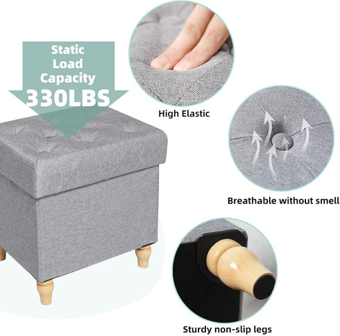 15"x12.6"x15.4 CAROLMADE Folding Storage Ottoman Cube Linen Footstool with Wood Legs Ottoman Footrest for Living Room
