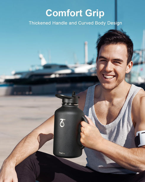 Trebo Insulated Water Bottle 64oz, with Handle and Straw Spout Lids, Half Gallon Stainless Steel Vacuum Flask, Black