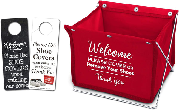 Mediz Foldable Shoe Cover Holder (Red) with Bonus Door Hanger - Please Use Shoe Covers