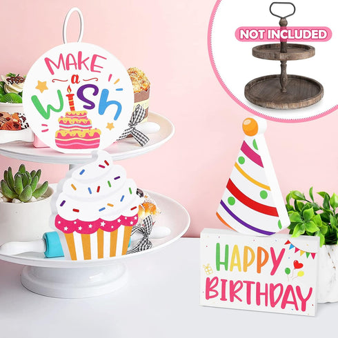 Huray Rayho Birthday Tiered Tray Decor Celebration Wooden Sign Colorful Birthday Party Supplies Make Wish Freestanding