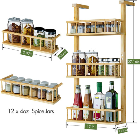 3 Counter Hanging Spice Rack for Refrigerator - Tier Bamboo Kitchen Shelf Organizer for Can Seasoning Storage, Adhesive