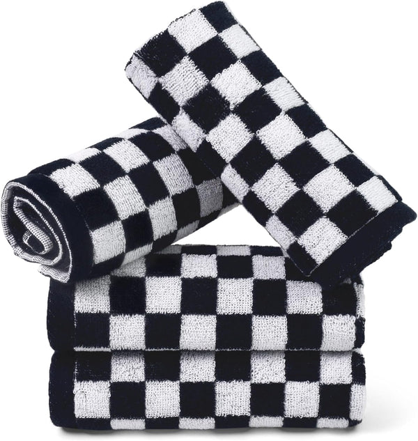 Jacquotha Wash Cloths Checkered 4 Pack (Black and White) - Cotton Washcloths