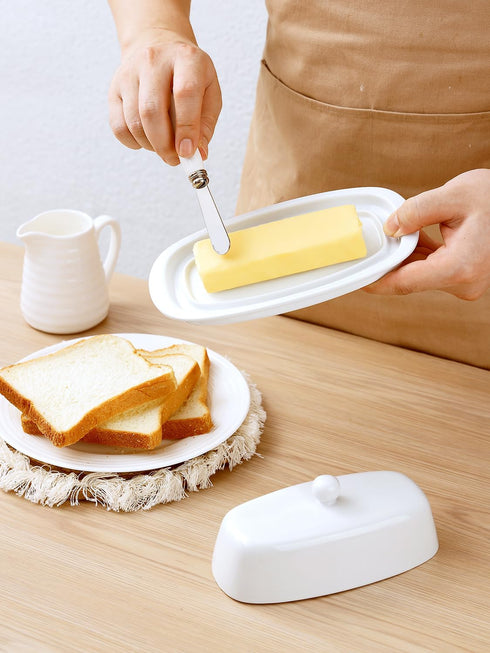 Yedio Ceramic Butter Dish with Lid and Knife, 8 Inch White Butter Holder for Countertop Refrigerator