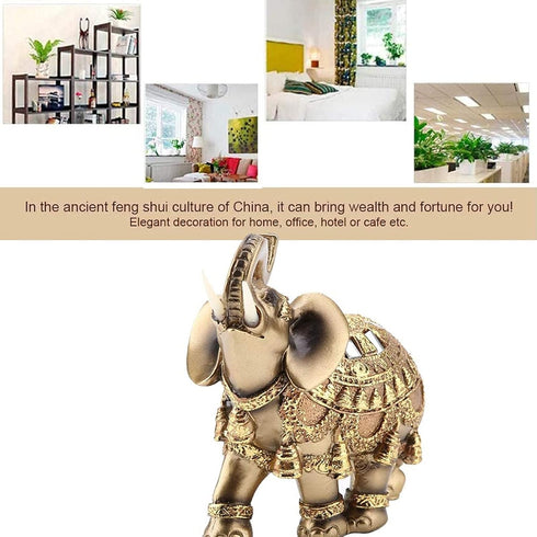 Golden Polyresin Elephant Statue Sculpture - Trunk Wealth Lucky Collectible Figurine Gift Home Decor Feng Shui
