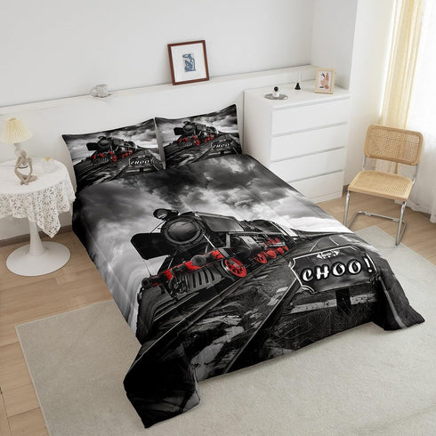 Set Set Set 3D Insert,1 Retro Train Comforter Twin Size,Black Red Old Train Car Bedding Rail Transportation Vehicles