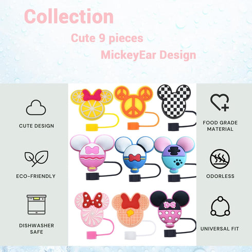 9 pcs Silicone Straw Covers Cap for Stanley 20 30&40 Oz Cup,10mm Diameter Different Cute Mouse Ears Straw Toppers for Stanley 40Oz Tumbler, Dust-Proof Straw Caps for Water Bottle (Cute Micke)