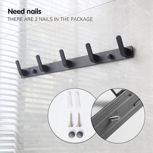 5 Hooks Matte Black Wall Bathroom Towel Hooks, Heavy Duty Shower Wall Coat Rack, Decorative Bath Hooks for Hanging