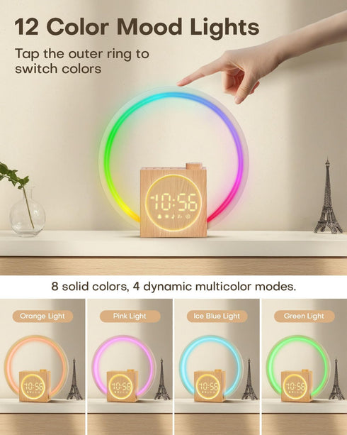 12 30 Sunrise Alarm Clock, White Noise Sound Machine, Alarm Clocks for Bedrooms with Color Ambient Nightlight, White