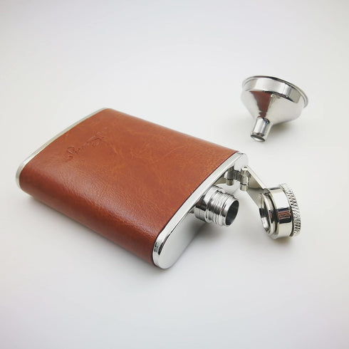 3oz Brown Red Leather Wrapped Hip Flask with Funnel, 18/8 Stainless Steel (YM102)