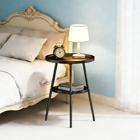 LMGVRZK 2-Tier Side Table Small Round End Table Metal Black Accent Table for Small Spaces Indoor Outdoor Living Room