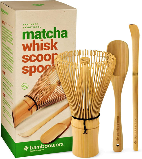 BambooWorx Matcha Whisk Set - Traditional Chasen, Scoop (Chashaku), Tea Spoon for Japanese Tea Preparation