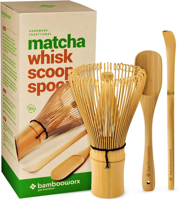 BambooWorx Matcha Whisk Set - Traditional Chasen, Scoop (Chashaku), Tea Spoon for Japanese Tea Preparation