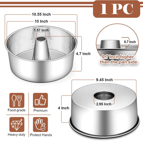 P&P CHEF Angel Food Cake Pan, Stainless Steel 10 Inch Cake Pan with Tube, Round Cake Pan Pound Cake Baking Tin, Conical Hollow & One-piece Design, Oven & Dishwasher Safe, Healthy & Heavy-duty