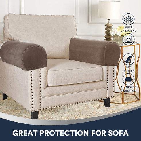 Sofa Arm Covers Stretch Velvet Plush Anti-Slip Protector for Couch Armrest, Set of 4, Taupe
