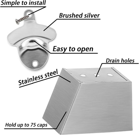 Wall-Mounted Bottle Opener, 304 Stainless Steel Bottle Cap Catcher with Drained Holes