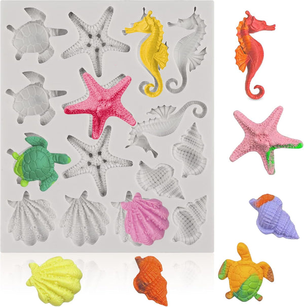 Sakolla Marine Theme Fondant Silicone Molds for Cake Decoration, Seashell, Conch, Seahorse, Starfish, Tortoise
