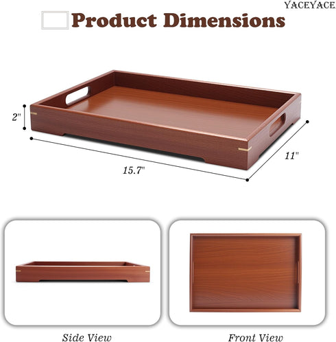 YACEYACE 15"x10"x1.5" Wooden Tray for Ottoman, Medium Wood Serving Tray with Handle for Coffee Table, Dining, Home