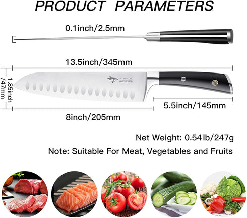 MAD SHARK 8-inch Kitchen Knife, Chef's Santoku Knife, German High Carbon Stainless Steel, Super Sharp with Gift Box