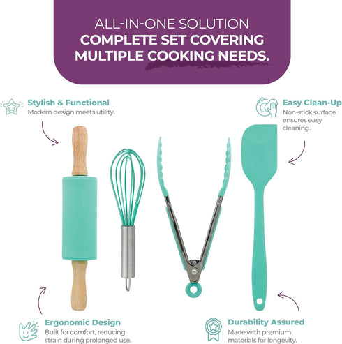 Tovla Jr. Kids Cooking Utensils Set - 4-Piece Safe Baking Tools for Toddlers - Gender Neutral Silicone Cookware