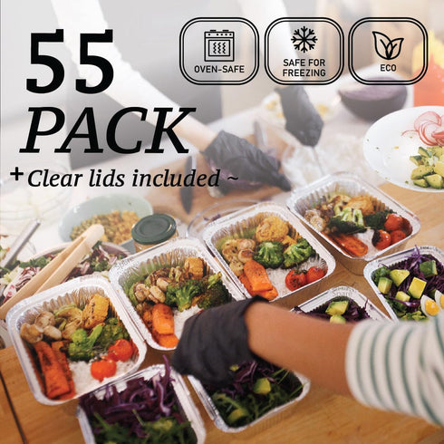 Spare Essentials 1 Lb Aluminum Pans with Lids (55 Pack) - Disposable Baking Foil Containers for Takeout Food
