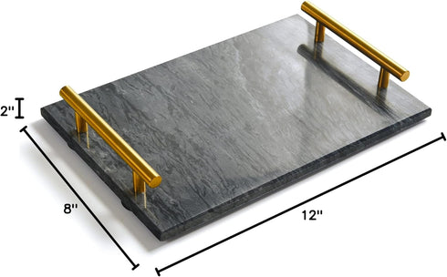 Black Real Marble Tray with Golden Handle, Decorative Natural Stone Tray for Bathroom, Kitchen, Vanity, Nightstand
