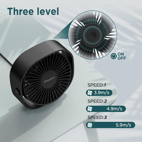 EasyAcc USB Desk Fan: 3 Speeds USB Powered Fan, 360° Rotatable Personal Table Fan for Home, Bedroom, Office (No Battery)