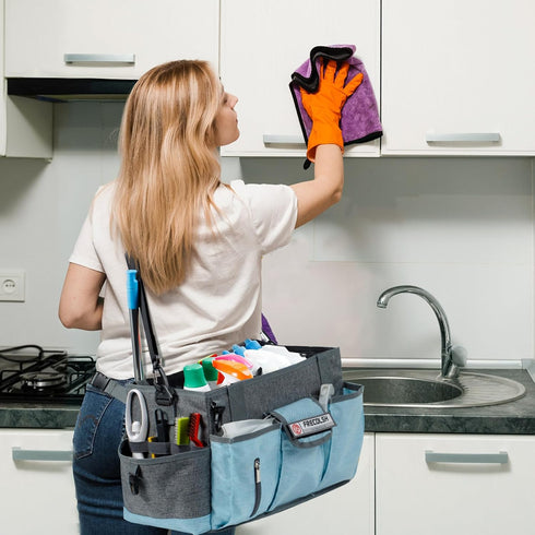 Grey-Blue Cleaning Caddy - Oxford Polyester, Adjustable 5 Compartments, Padded Carry Handle, Waterproof Interior for