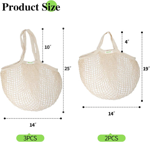 meetall (5 Pack, 2 Mesh Grocery Bags, Reusable Tote Bags with Sturdy Handle, Washable, Eco Friendly, Cotton String Net