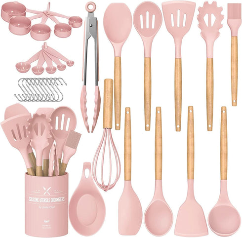Kitchen Cooking Utensils Set, Umite Chef 33 pcs Non-stick Silicone Spatula Set with Holder, Wooden Handle, Pink