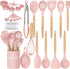 Kitchen Cooking Utensils Set, Umite Chef 33 pcs Non-stick Silicone Spatula Set with Holder, Wooden Handle, Pink