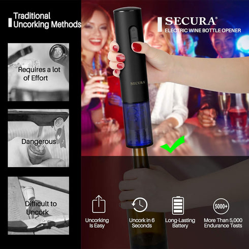 Secura Automatic Electric Wine Opener, Rechargeable Corkscrew with Foil Cutter (Black)
