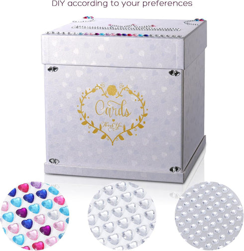 Wedding Card Box with 2 Color Ribbons, 10"x10" Textured White Box with Golden Embossed Hearts Design