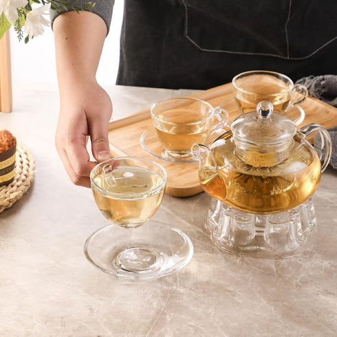 Set, 6 Pack 7OZ/210ML, Glass Teacup and Saucer Coffee Mug with Stainless Steel Spoon Suitable for Espresso Juice