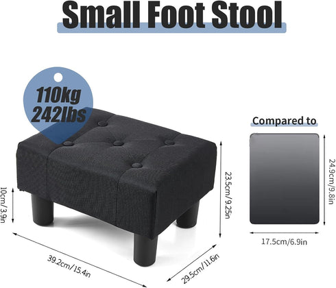 Compact Black Linen Footstool with Sturdy Legs - Ideal for Living Room