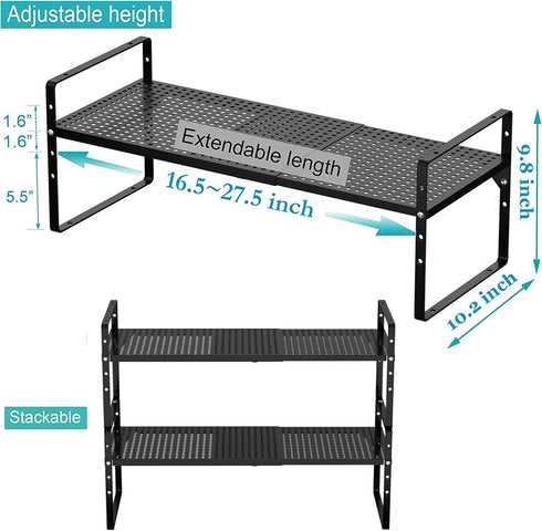 iPEGTOP Large Expandable Cabinet Storage Shelf Organizer Rack - Heavy Duty Stackable Steel Metal Spice Rack, Black - 1