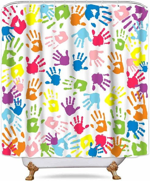 Handprint Bathroom Curtain, Watercolor Rainbow Color, Washable Polyester Fabric Shower Curtain, 72 X 72 Inches