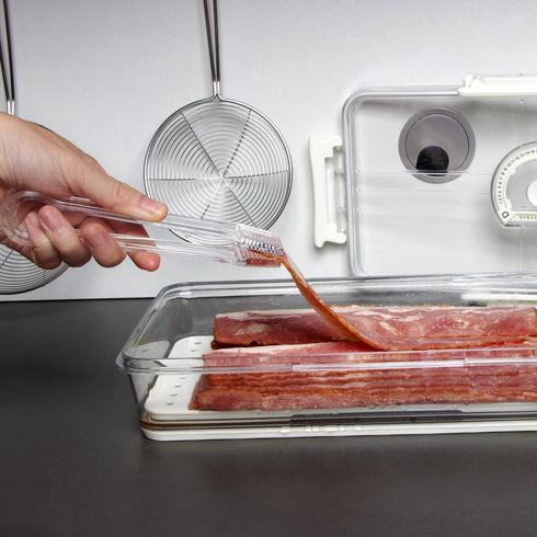 Bacon Storage Container with Air-Sealed Tight Lid, Fridge Bacon Holder, Deli Meat Cheese Keeper with Tongs