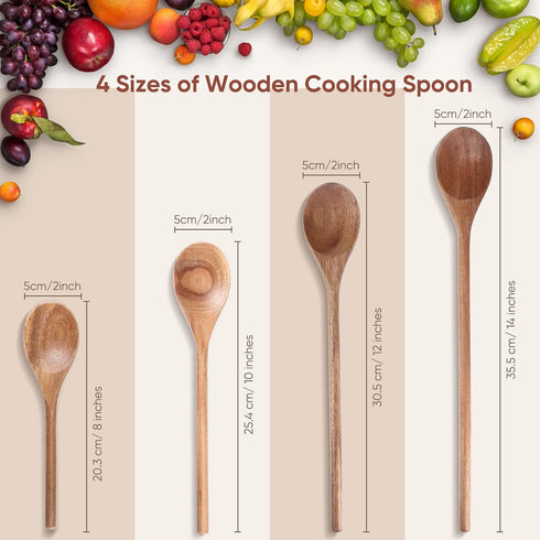 4 Pieces Acacia Wooden Spoon Set - 8, 10, 12, 14 Inch Mixing Utensils for Cooking, Nonstick Cookware