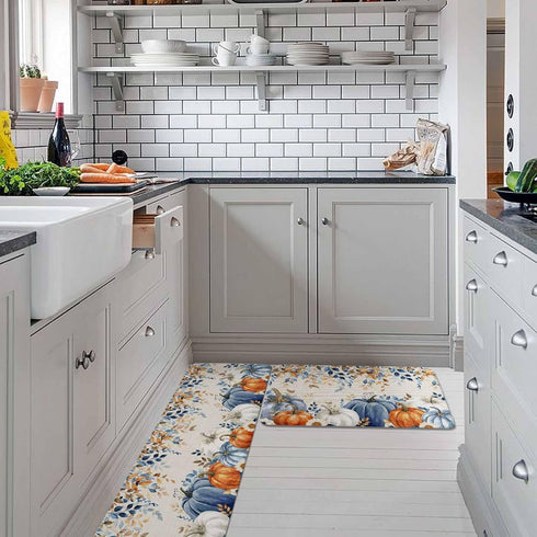 Blue Pumpkins Fall Kitchen Rugs and Mats Set, Thanksgiving Non-Slip Bathroom Rug with Eucalyptus Leaves Botanical