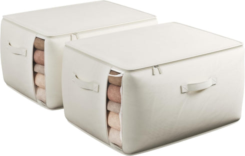 Large Canvas Clothes Storage Bags, 2 Pack, Foldable Cotton Linen Organizer with Thick Handles and Clear Window, Beige